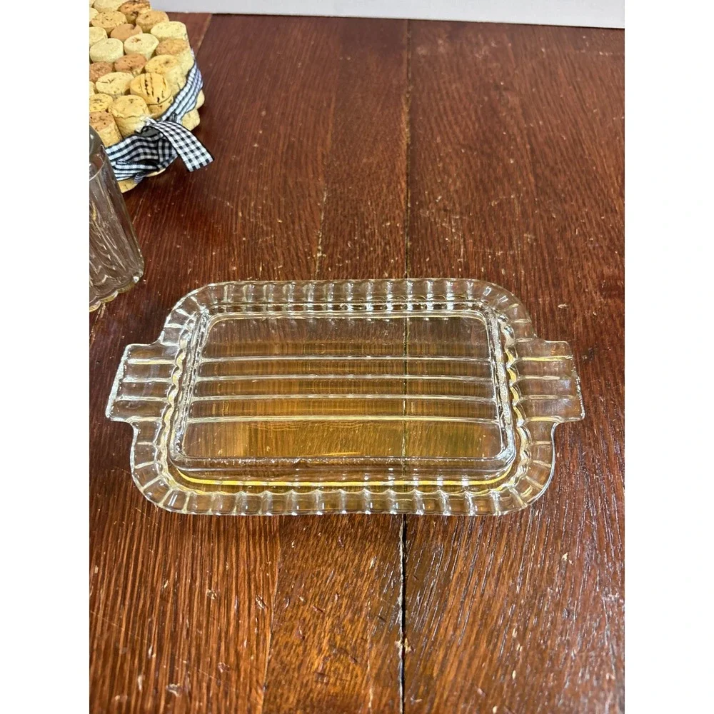 Vintage Clear Glass Ribbed Butter Dish with Lid Art Deco Scalloped Edge 2-Piece
